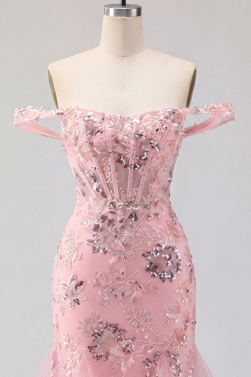 Laden Sie das Bild in den Galerie-Viewer, Blush-Off-the-Shoulder Bodycon florales transparentes Korsett-Pailletten-Homecoming-Kleid mit Rüschen