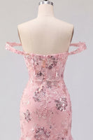 Laden Sie das Bild in den Galerie-Viewer, Blush-Off-the-Shoulder Bodycon florales transparentes Korsett-Pailletten-Homecoming-Kleid mit Rüschen