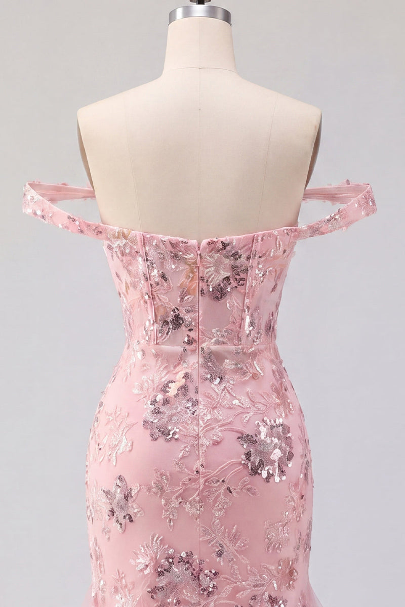 Laden Sie das Bild in den Galerie-Viewer, Blush-Off-the-Shoulder Bodycon florales transparentes Korsett-Pailletten-Homecoming-Kleid mit Rüschen