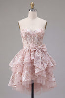 Laden Sie das Bild in den Galerie-Viewer, Rosa A-Linie Sweetheart Korsett Blumen Kurzes Abendkleid mit Schleife