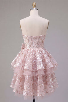 Rosa A-Linie Sweetheart Korsett Blumen Kurzes Abendkleid mit Schleife