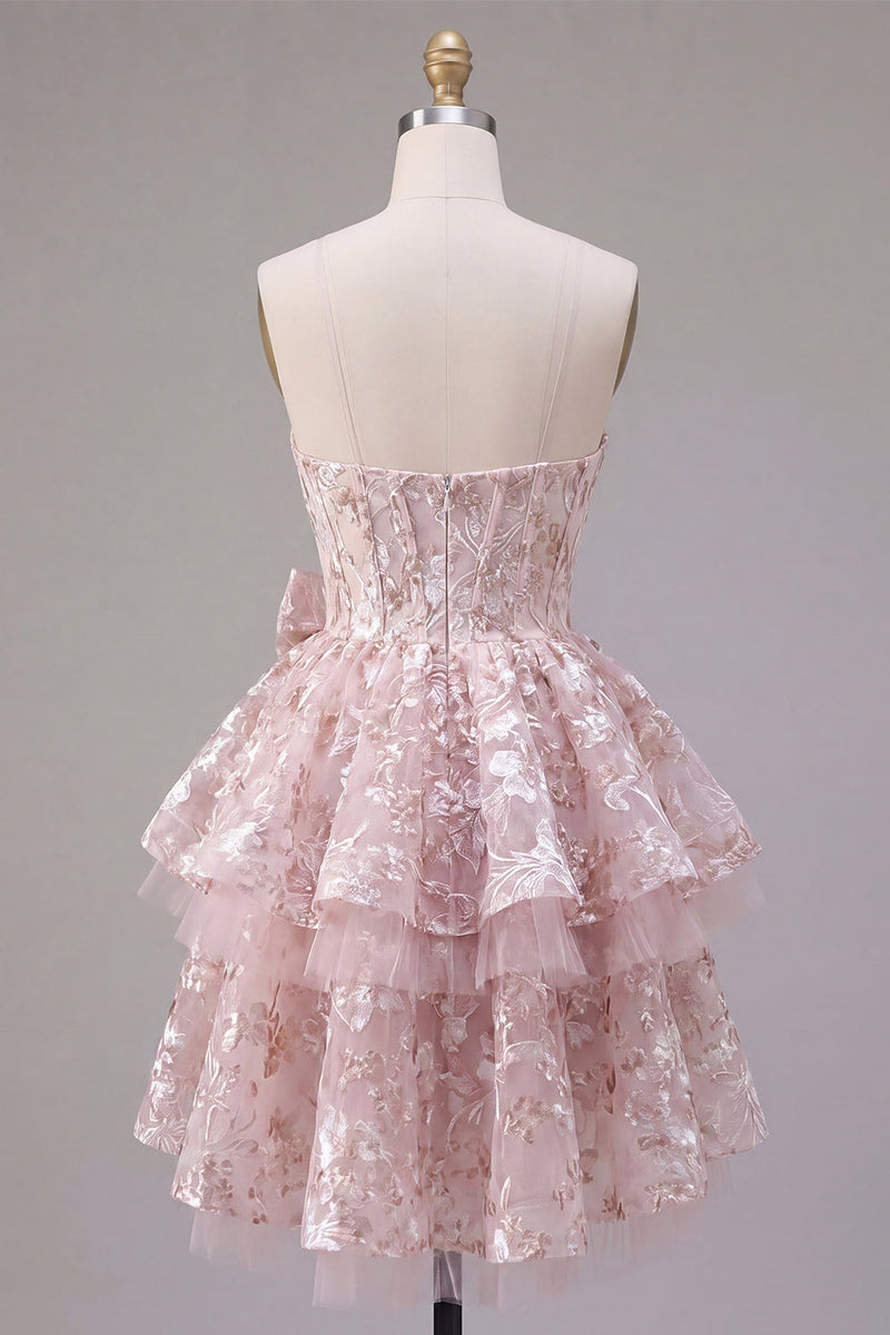 Laden Sie das Bild in den Galerie-Viewer, Rosa A-Linie Sweetheart Korsett Blumen Kurzes Abendkleid mit Schleife