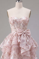 Laden Sie das Bild in den Galerie-Viewer, Rosa A-Linie Sweetheart Korsett Blumen Kurzes Abendkleid mit Schleife
