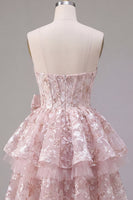 Laden Sie das Bild in den Galerie-Viewer, Rosa A-Linie Sweetheart Korsett Blumen Kurzes Abendkleid mit Schleife