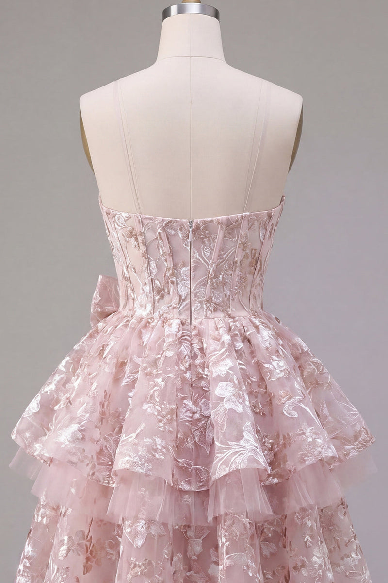 Laden Sie das Bild in den Galerie-Viewer, Rosa A-Linie Sweetheart Korsett Blumen Kurzes Abendkleid mit Schleife