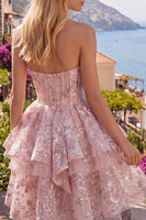 Laden Sie das Bild in den Galerie-Viewer, Rosa A-Linie Sweetheart Korsett Blumen Kurzes Abendkleid mit Schleife