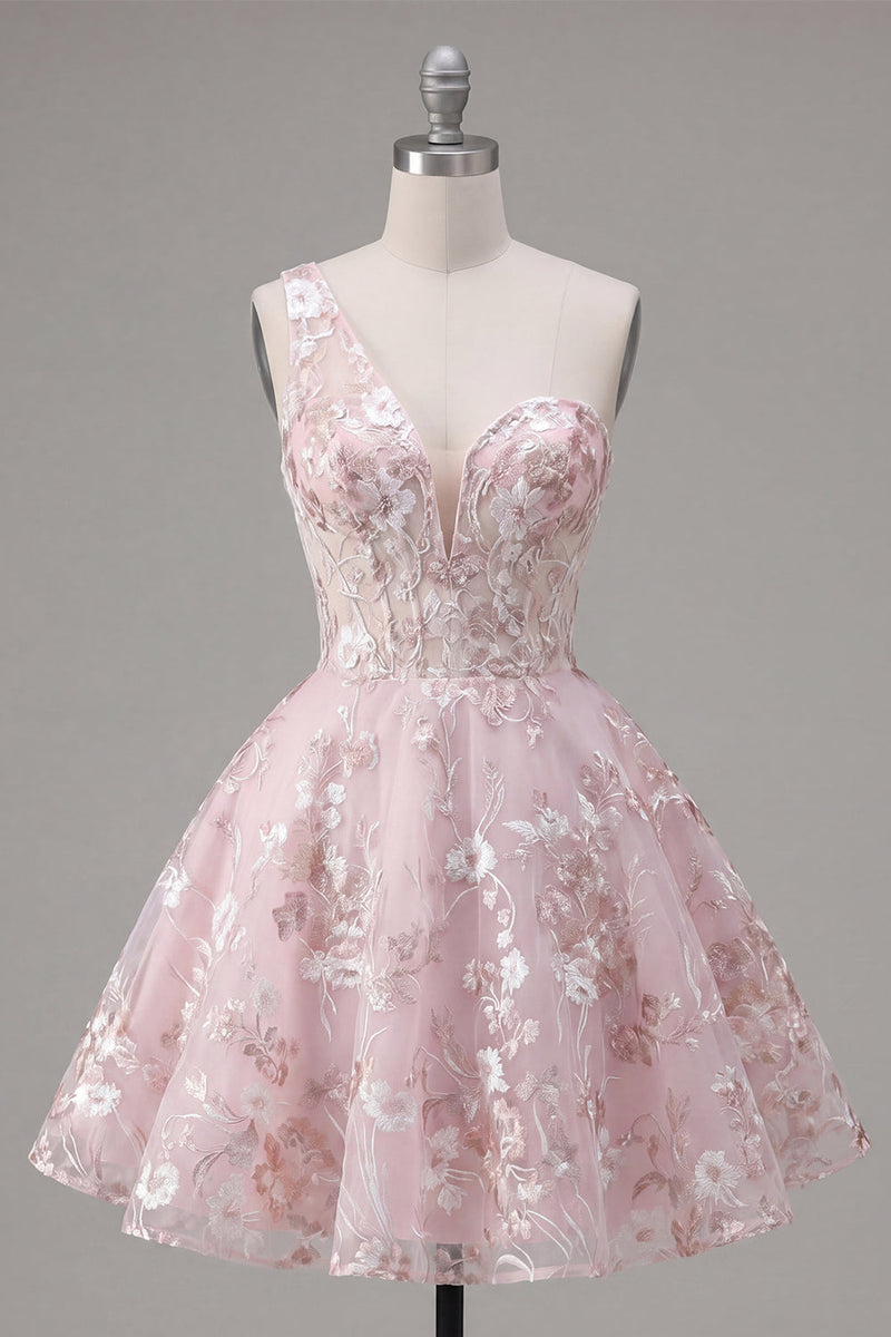 Laden Sie das Bild in den Galerie-Viewer, Rosa A-Linie Einschulter Blumen Kurzes Abendkleid