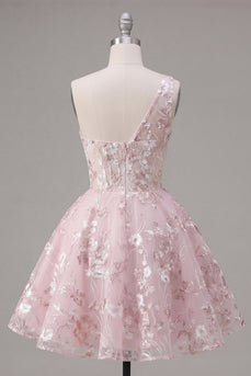 Rosa A-Linie Einschulter Blumen Kurzes Abendkleid