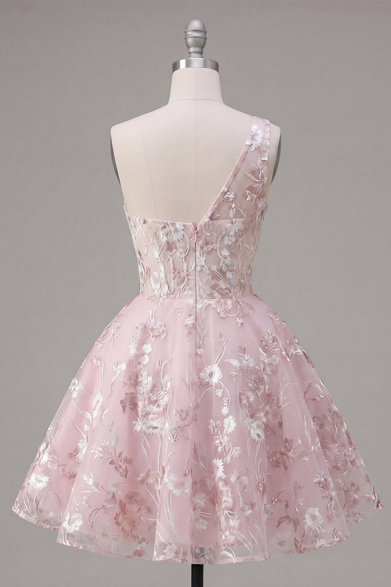 Laden Sie das Bild in den Galerie-Viewer, Rosa A-Linie Einschulter Blumen Kurzes Abendkleid