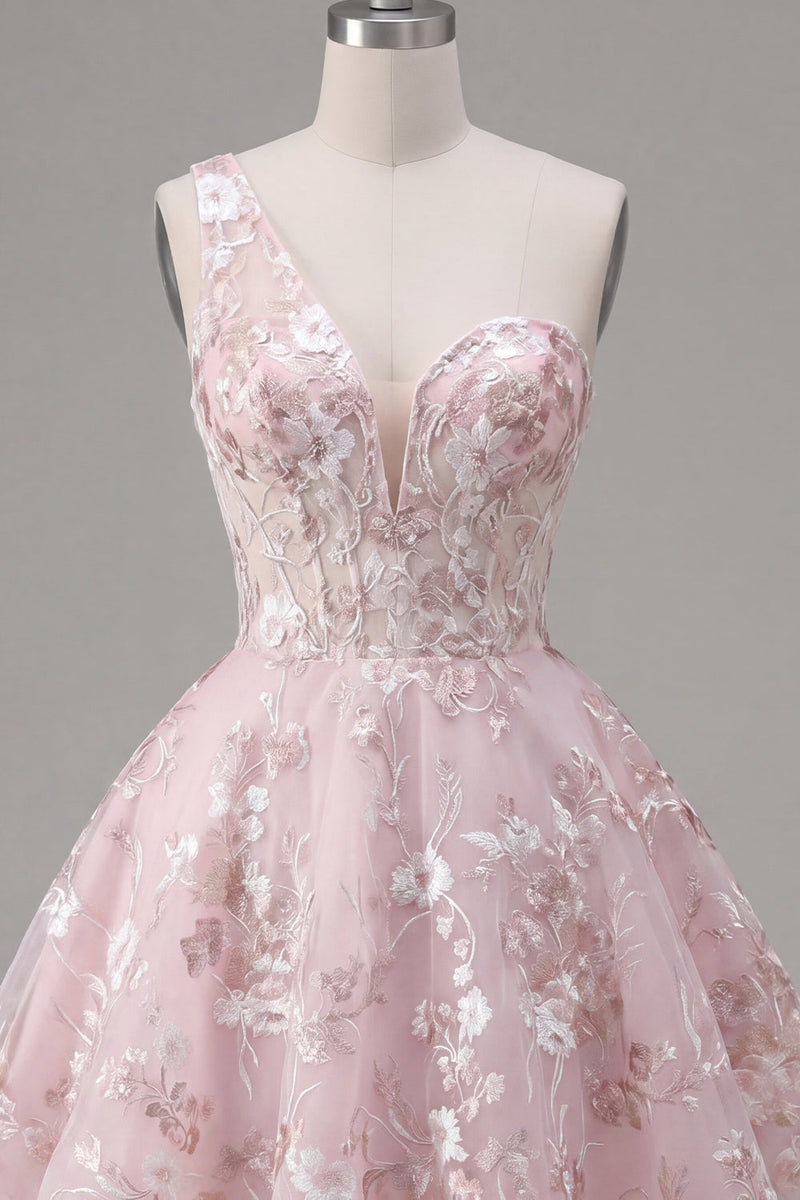 Laden Sie das Bild in den Galerie-Viewer, Rosa A-Linie Einschulter Blumen Kurzes Abendkleid