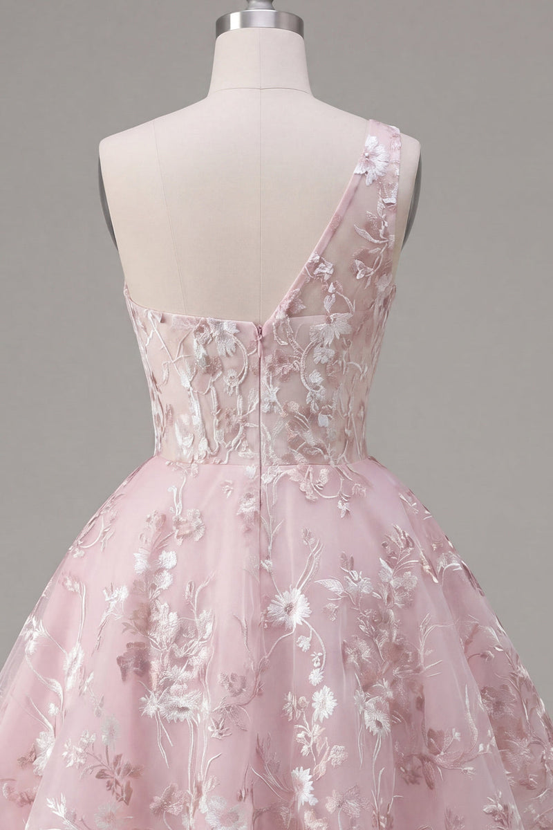 Laden Sie das Bild in den Galerie-Viewer, Rosa A-Linie Einschulter Blumen Kurzes Abendkleid
