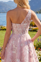 Laden Sie das Bild in den Galerie-Viewer, Rosa A-Linie Einschulter Blumen Kurzes Abendkleid