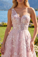 Laden Sie das Bild in den Galerie-Viewer, Rosa A-Linie Einschulter Blumen Kurzes Abendkleid