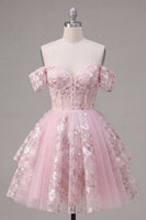 Laden Sie das Bild in den Galerie-Viewer, Off-the-shoulder Rosa Transparentes Korsett Floral Kurzes Abendkleid in A-Linie