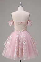 Laden Sie das Bild in den Galerie-Viewer, Off-the-shoulder Rosa Transparentes Korsett Floral Kurzes Abendkleid in A-Linie