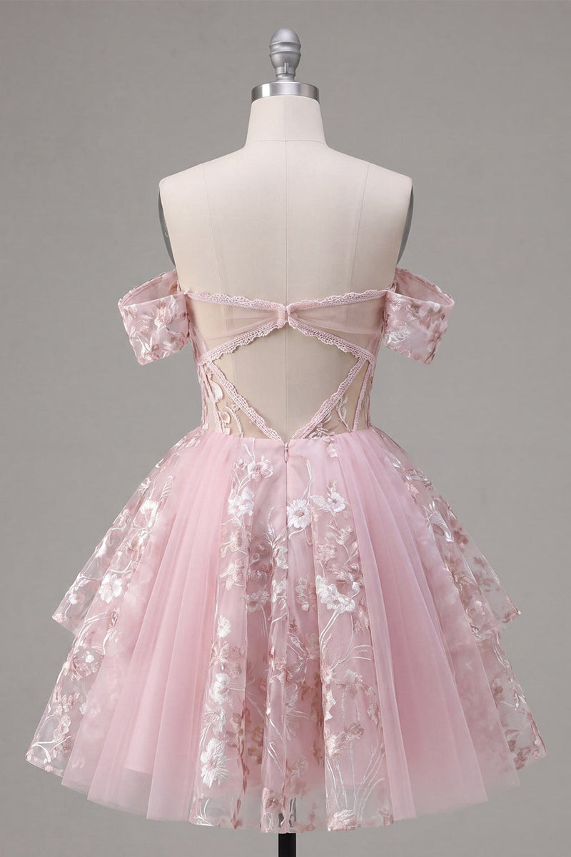 Laden Sie das Bild in den Galerie-Viewer, Off-the-shoulder Rosa Transparentes Korsett Floral Kurzes Abendkleid in A-Linie