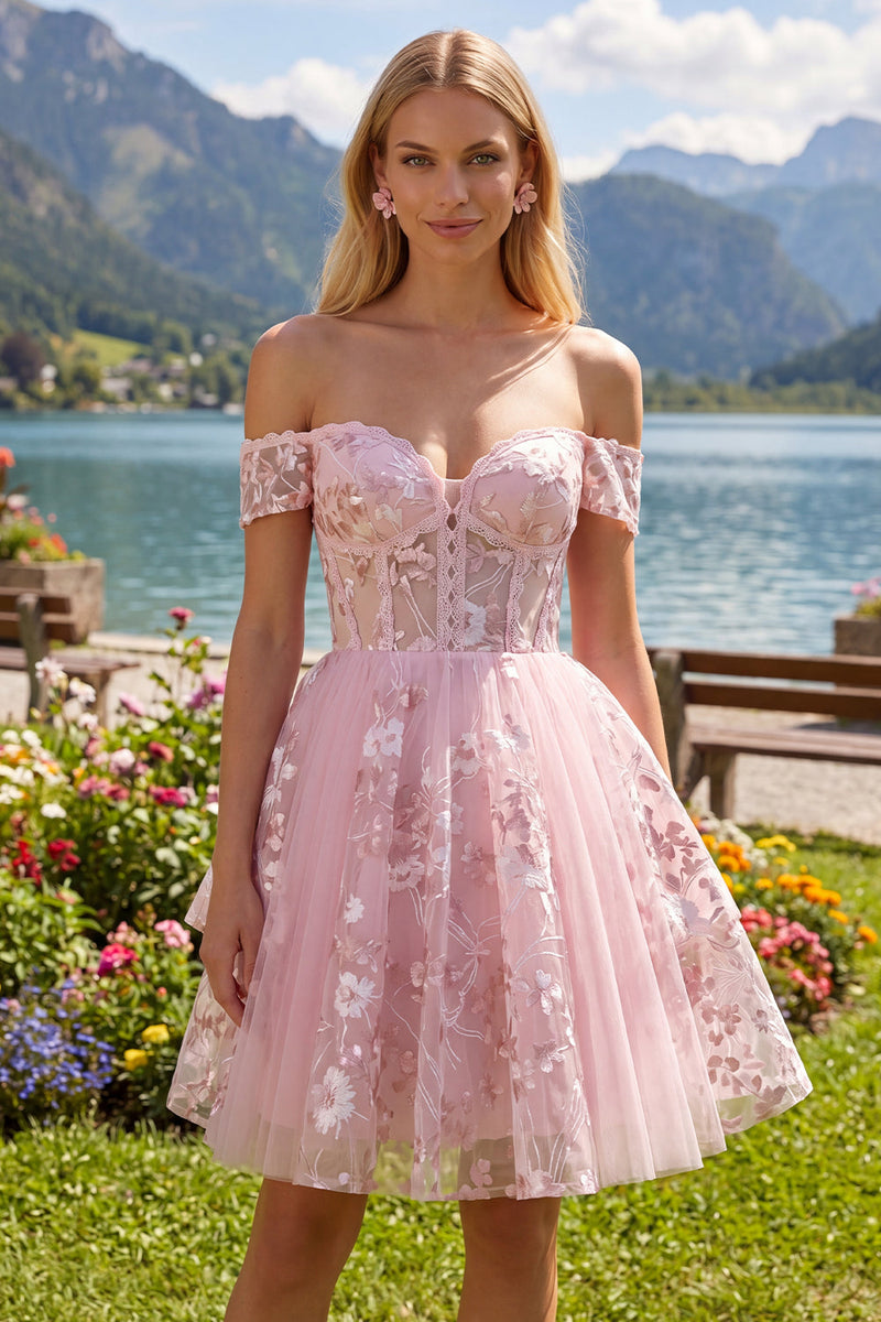 Laden Sie das Bild in den Galerie-Viewer, Off-the-shoulder Rosa Transparentes Korsett Floral Kurzes Abendkleid in A-Linie