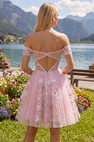 Laden Sie das Bild in den Galerie-Viewer, Off-the-shoulder Rosa Transparentes Korsett Floral Kurzes Abendkleid in A-Linie