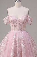 Laden Sie das Bild in den Galerie-Viewer, Off-the-shoulder Rosa Transparentes Korsett Floral Kurzes Abendkleid in A-Linie