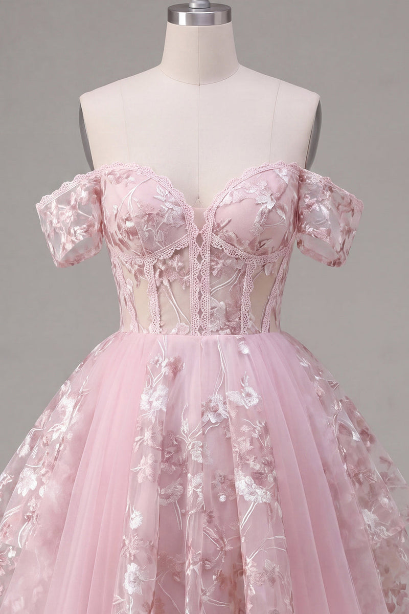 Laden Sie das Bild in den Galerie-Viewer, Off-the-shoulder Rosa Transparentes Korsett Floral Kurzes Abendkleid in A-Linie