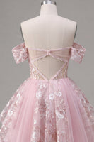 Laden Sie das Bild in den Galerie-Viewer, Off-the-shoulder Rosa Transparentes Korsett Floral Kurzes Abendkleid in A-Linie