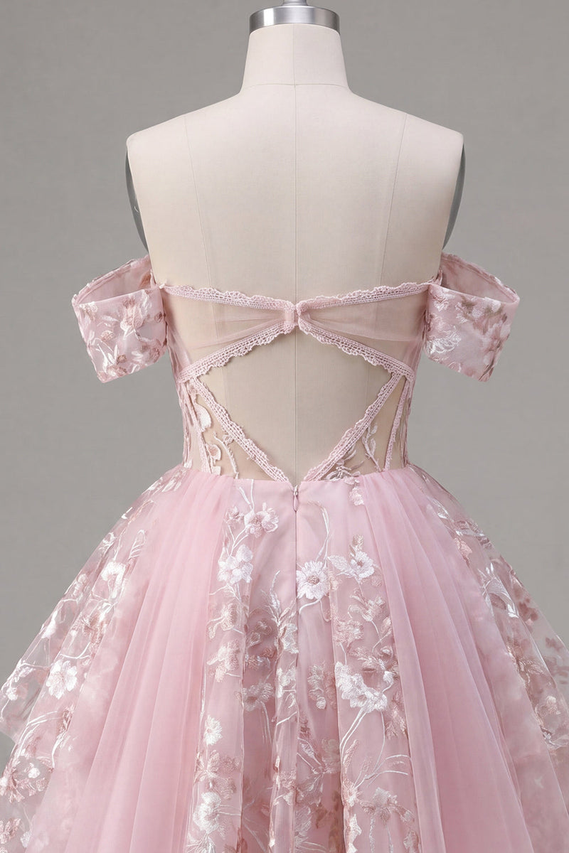 Laden Sie das Bild in den Galerie-Viewer, Off-the-shoulder Rosa Transparentes Korsett Floral Kurzes Abendkleid in A-Linie