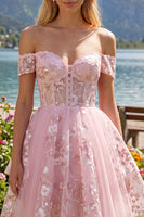 Laden Sie das Bild in den Galerie-Viewer, Off-the-shoulder Rosa Transparentes Korsett Floral Kurzes Abendkleid in A-Linie