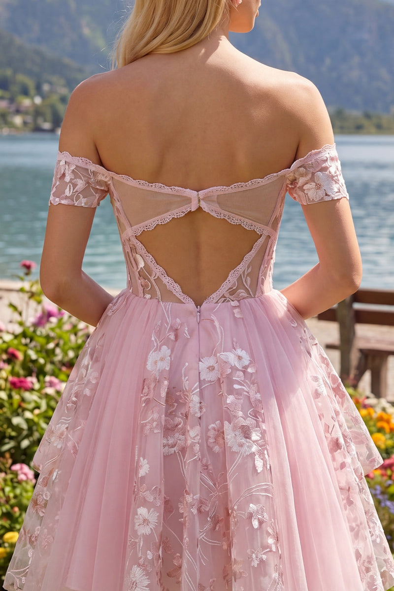 Laden Sie das Bild in den Galerie-Viewer, Off-the-shoulder Rosa Transparentes Korsett Floral Kurzes Abendkleid in A-Linie