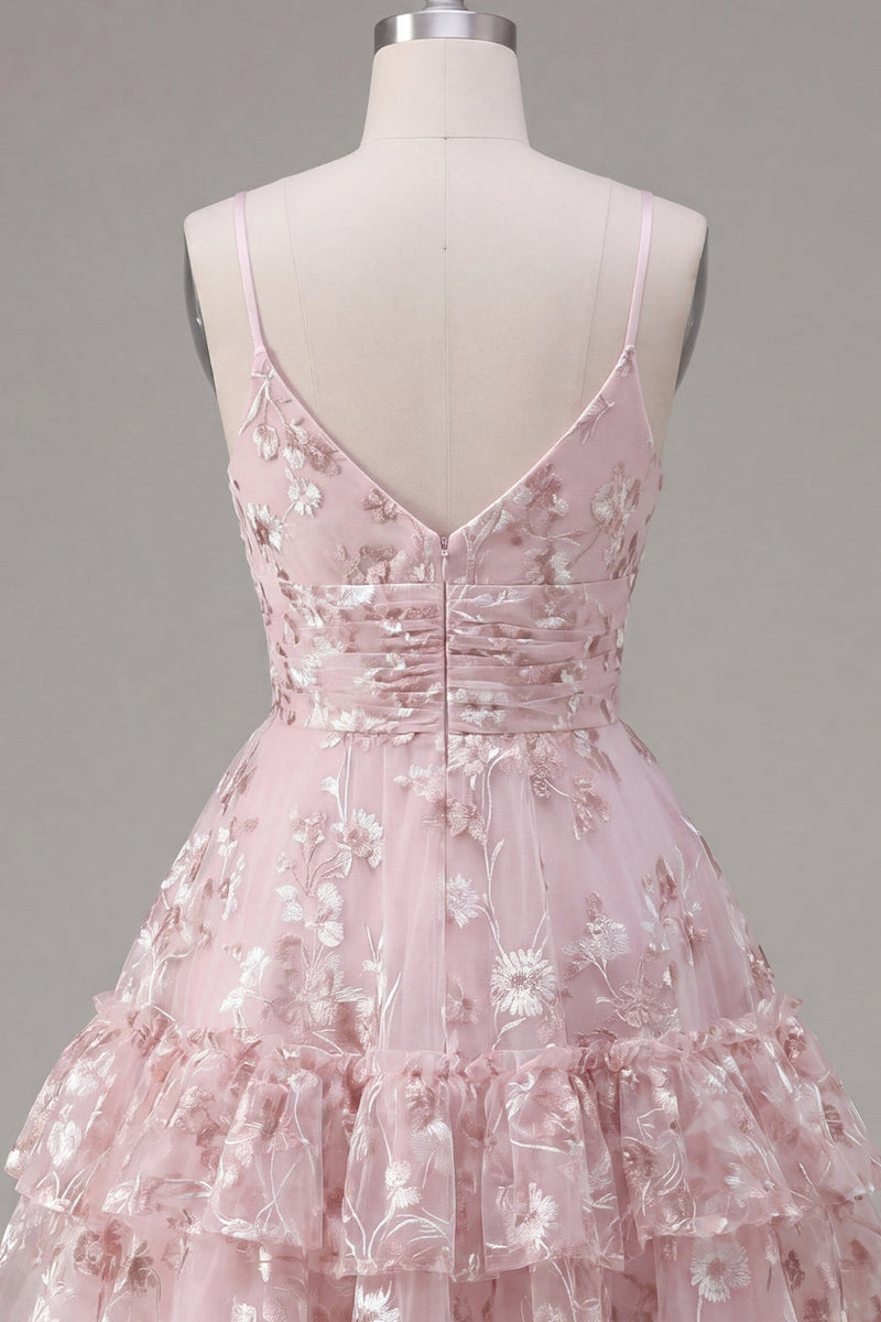Laden Sie das Bild in den Galerie-Viewer, Rosa A-Linie Gerafftes Spaghetti-Träger Blumen Kurzes Abendkleid