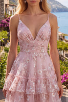 Laden Sie das Bild in den Galerie-Viewer, Rosa A-Linie Gerafftes Spaghetti-Träger Blumen Kurzes Abendkleid