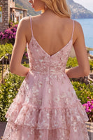 Laden Sie das Bild in den Galerie-Viewer, Rosa A-Linie Gerafftes Spaghetti-Träger Blumen Kurzes Abendkleid
