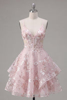 Laden Sie das Bild in den Galerie-Viewer, A-Linie Pinkes Spaghettiträger Korsett Florales Kurzes Abendkleid