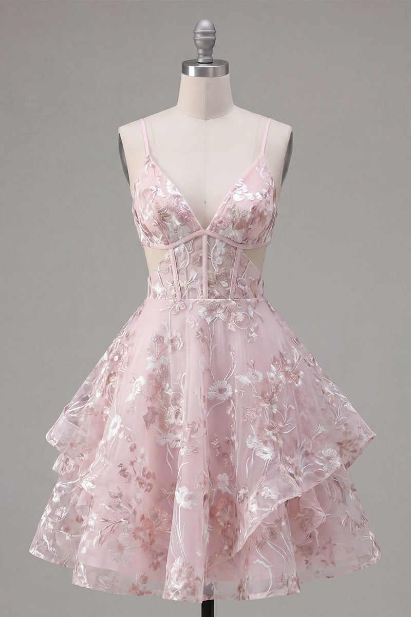 Laden Sie das Bild in den Galerie-Viewer, A-Linie Pinkes Spaghettiträger Korsett Florales Kurzes Abendkleid
