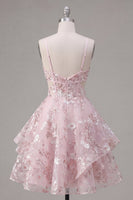 Laden Sie das Bild in den Galerie-Viewer, A-Linie Pinkes Spaghettiträger Korsett Florales Kurzes Abendkleid