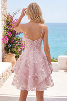 Laden Sie das Bild in den Galerie-Viewer, A-Linie Pinkes Spaghettiträger Korsett Florales Kurzes Abendkleid