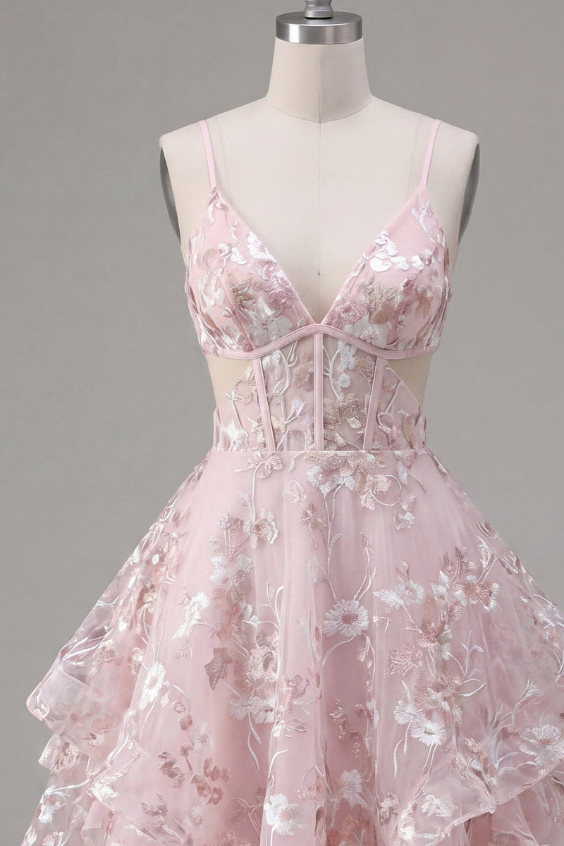 Laden Sie das Bild in den Galerie-Viewer, A-Linie Pinkes Spaghettiträger Korsett Florales Kurzes Abendkleid