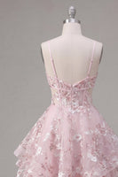 Laden Sie das Bild in den Galerie-Viewer, A-Linie Pinkes Spaghettiträger Korsett Florales Kurzes Abendkleid