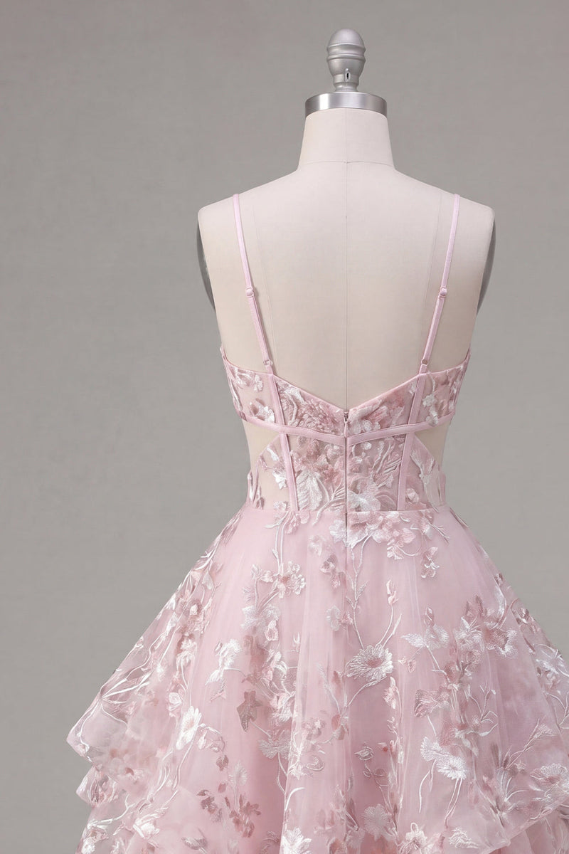 Laden Sie das Bild in den Galerie-Viewer, A-Linie Pinkes Spaghettiträger Korsett Florales Kurzes Abendkleid