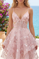 Laden Sie das Bild in den Galerie-Viewer, A-Linie Pinkes Spaghettiträger Korsett Florales Kurzes Abendkleid