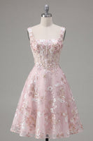 Laden Sie das Bild in den Galerie-Viewer, A-Linien Rosa Korsett Blumen Kurzes Abendkleid mit quadratem Ausschnitt