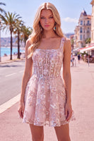 Laden Sie das Bild in den Galerie-Viewer, A-Linien Rosa Korsett Blumen Kurzes Abendkleid mit quadratem Ausschnitt