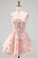 Laden Sie das Bild in den Galerie-Viewer, A-Linien Rosa Korsett Blumen Kurzes Abendkleid mit quadratem Ausschnitt