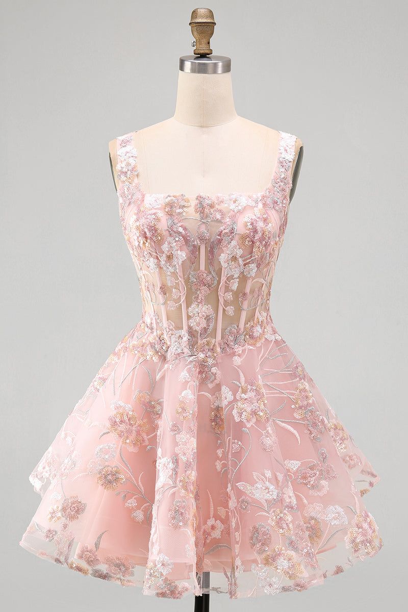 Laden Sie das Bild in den Galerie-Viewer, A-Linien Rosa Korsett Blumen Kurzes Abendkleid mit quadratem Ausschnitt