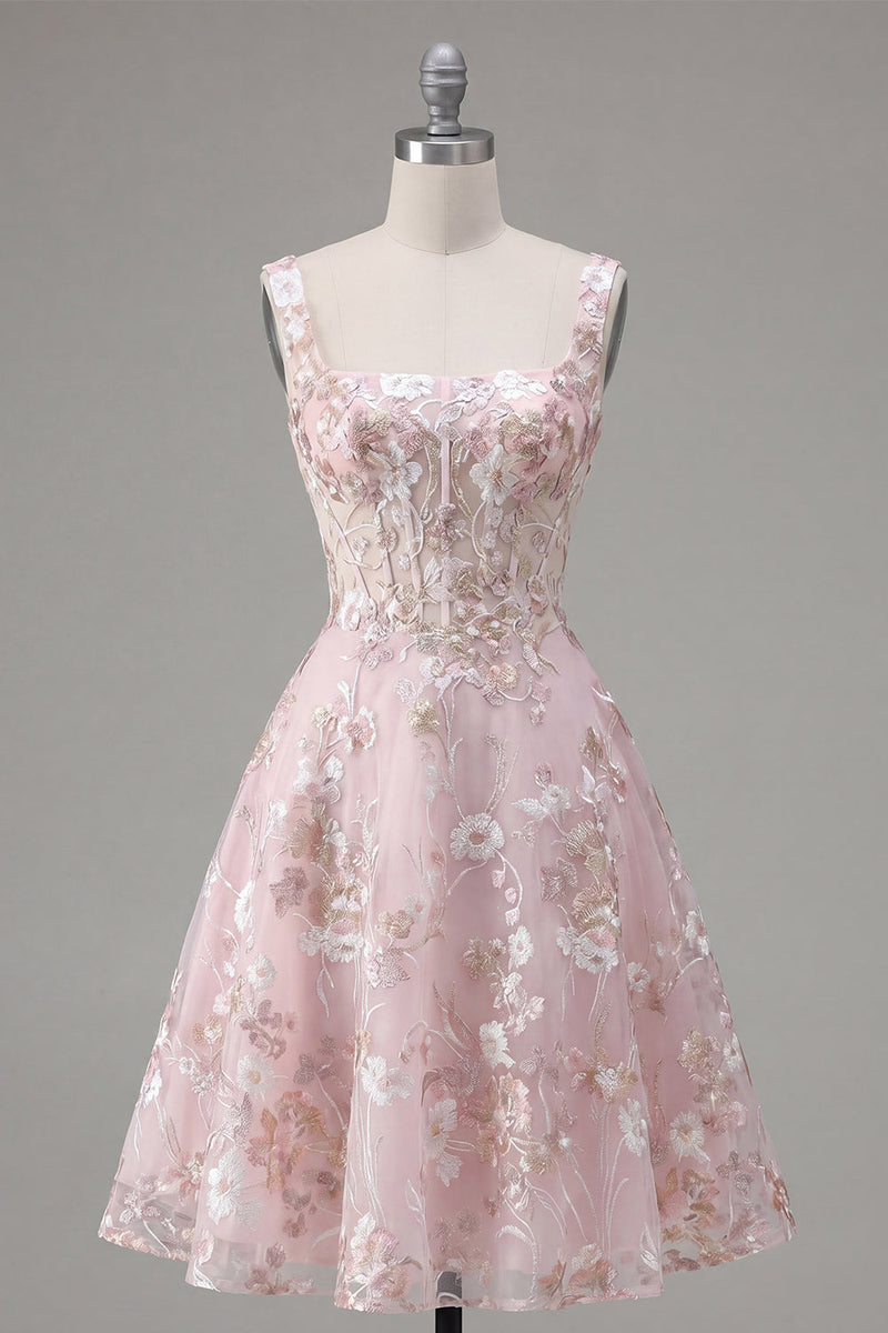 Laden Sie das Bild in den Galerie-Viewer, A-Linien Rosa Korsett Blumen Kurzes Abendkleid mit quadratem Ausschnitt