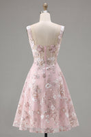 Laden Sie das Bild in den Galerie-Viewer, A-Linien Rosa Korsett Blumen Kurzes Abendkleid mit quadratem Ausschnitt