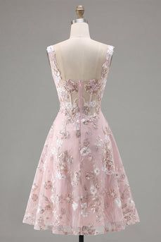 A-Linien Rosa Korsett Blumen Kurzes Abendkleid mit quadratem Ausschnitt