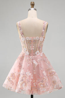 A-Linien Rosa Korsett Blumen Kurzes Abendkleid mit quadratem Ausschnitt