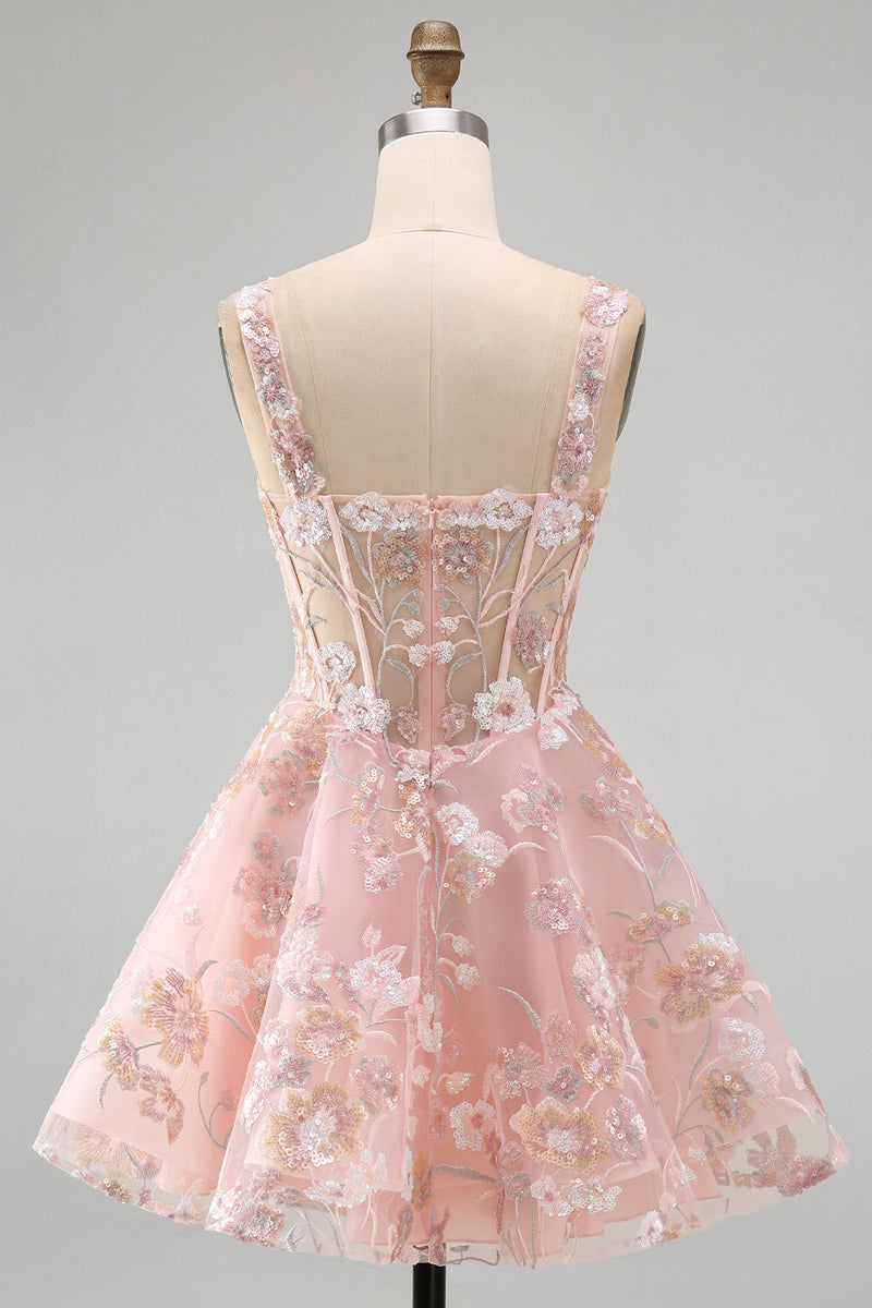 Laden Sie das Bild in den Galerie-Viewer, A-Linien Rosa Korsett Blumen Kurzes Abendkleid mit quadratem Ausschnitt
