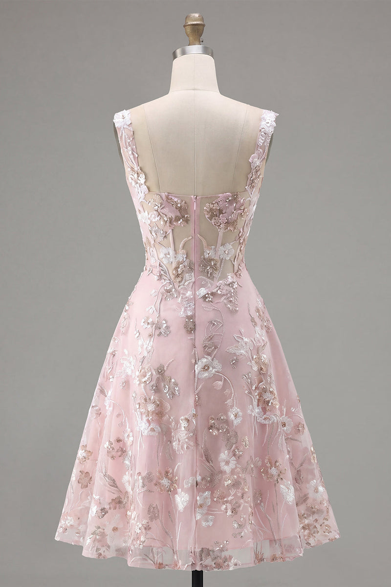 Laden Sie das Bild in den Galerie-Viewer, A-Linien Rosa Korsett Blumen Kurzes Abendkleid mit quadratem Ausschnitt