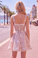 Laden Sie das Bild in den Galerie-Viewer, A-Linien Rosa Korsett Blumen Kurzes Abendkleid mit quadratem Ausschnitt